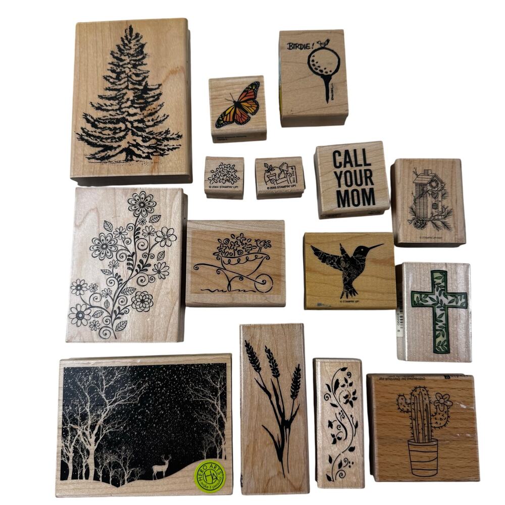 Wooden Rubber Stamp Lot Variety Bundle Scrapbooking Card Making Lot of 15 +